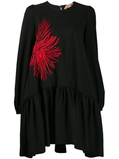 N°21 Embroidered Flower Shift Dress In Black