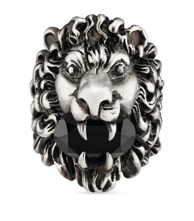 Gucci Lion Head Ring With Crystal In Silver-toned Metal