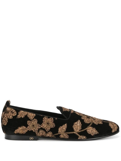 Dolce & Gabbana Black Embroidered Vaticano Loafers