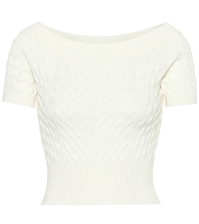 Alexander Mcqueen Off The Shoulder Wool Knit Waved Top In White
