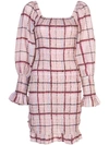 Ganni Checked Smocked Dress In Purple