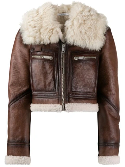 Givenchy Fur Collar Cropped Leather Jacket In Marron/blanc
