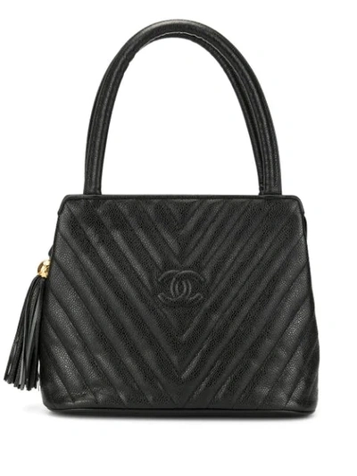 Pre-owned Chanel V Stitch Fringe Hand Bag In Black