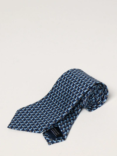 Ferragamo Silk Tie With Micro Elephants In Blue