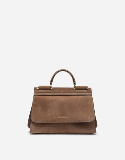 Dolce & Gabbana Small Sicily Soft Bag In Two-tone Split-grain Leather In Beige