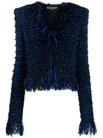 Balmain Glitter Fringe Tweed Jacket In Eag Noir/ Bleu