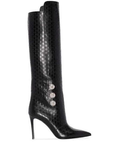 Balmain Monogram-embossed Leather Knee-high Boots In Black