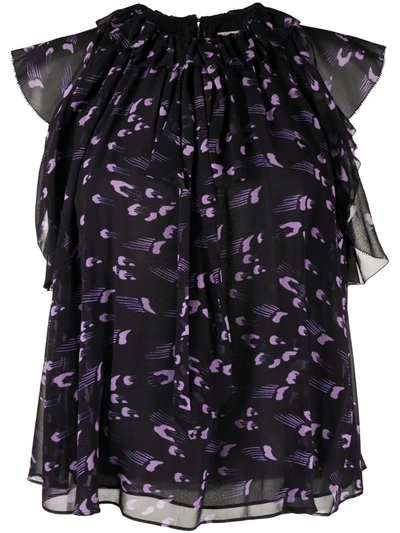 Temperley London Ethel Printed Ruffled Silk Top In Purple