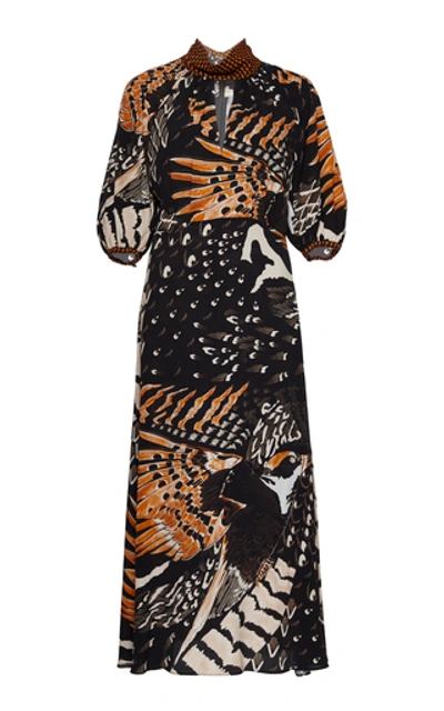 Temperley London Rosella Bird Printed Cut-out Crepe Dress In Black