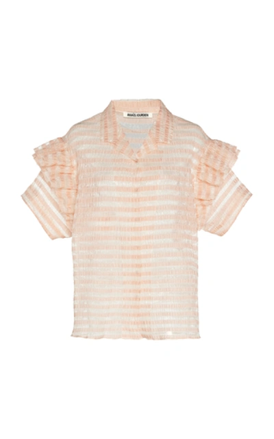 Anais Jourden Ruffled Striped Lace And Plissé Top In Pink