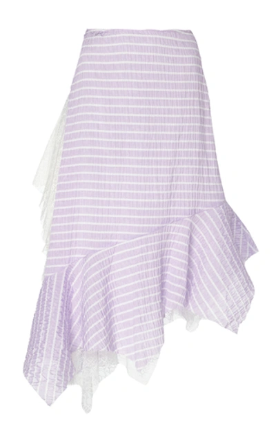 Anais Jourden Asymmetric Striped Lace And Poplin Midi Skirt In Purple