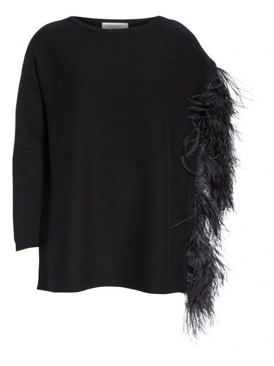Valentino One-sleeve Feather-embellished Cashmere Sweater In Black