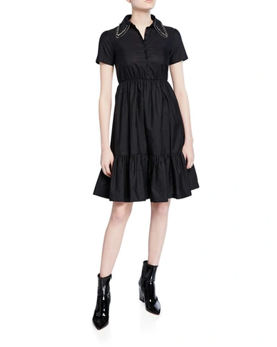 N°21 Collared Short-sleeve Dress With Crystals In Black