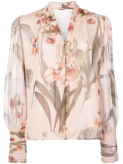 Elie Tahari Laya Floral Button-front Blouson-sleeve Silk Blouse In Rose Quartz