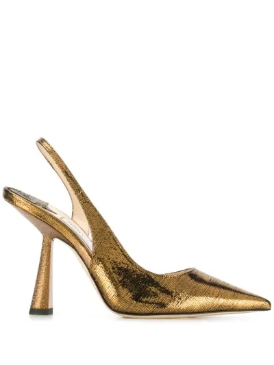 Jimmy Choo Fetto 100 Rust Metallic Lizard Print Pointed Toe Pumps In Gold