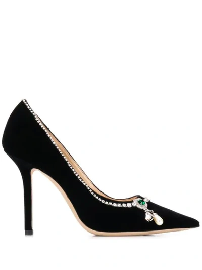 Jimmy Choo Love 100 Suede Pumps With Crystal Detail In Black/crystal Mix