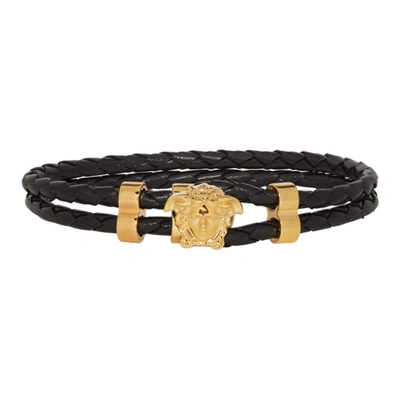 Versace Medusa-charm Braided Leather Bracelet In Black