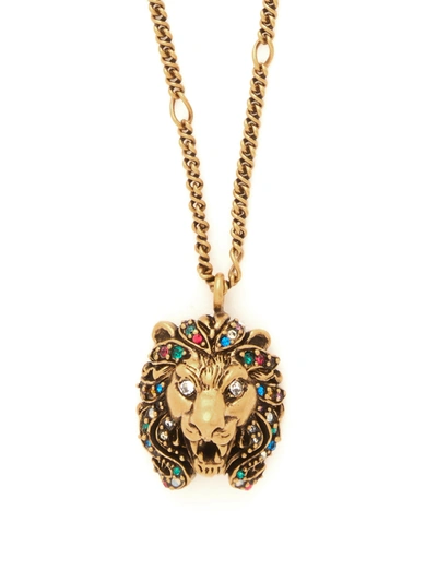 Gucci Lion-head Crystal-embellished Pendant Necklace In Multi