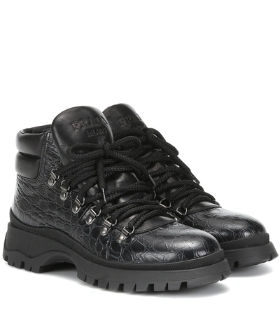 Prada Crocodile-effect Leather Hiking Boots In Black