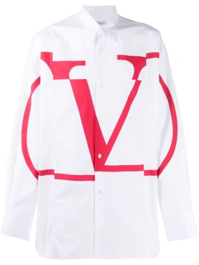 Valentino V-logo Cotton-poplin Shirt In White/ Red