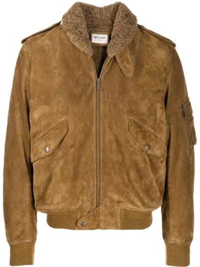 Saint Laurent Shearling-collar Nubuck Flight Jacket In Brown