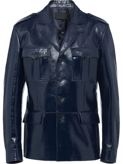 Prada Patch-pocket Single-breasted Leather Jacket In Blue