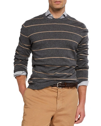 Brunello Cucinelli Men's Wide-striped Cashmere Sweater In Gray