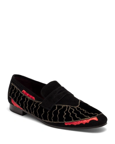 Bougeotte Flaneur Shimmer Suede Loafers In Black/red