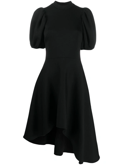 Beaufille Leo Asymmetric Puff-sleeve Crepe Midi Dress In Black