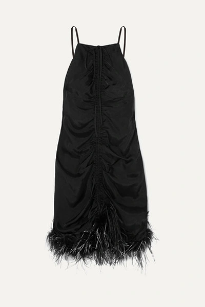 Alice Mccall Favour Feather-trimmed Ruched Satin Mini Dress In Black