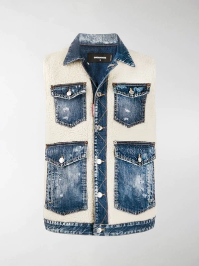 Dsquared2 Artice Rave Faux Shearling & Denim Waistcoat In Blue