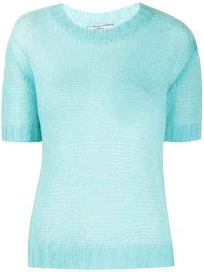 Prada Mohair-blend Open Weave Short-sleeve Sweater In Light Blue