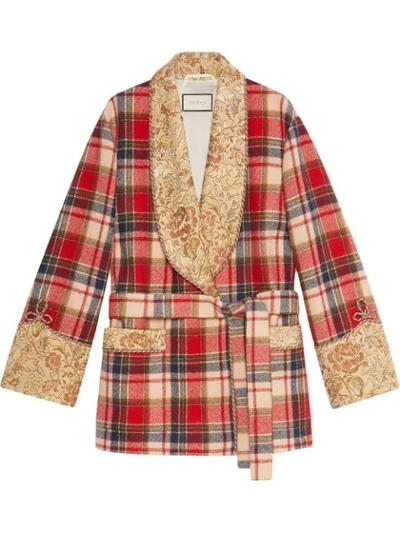 Gucci Check Wool Jacket With Embroidery In Red