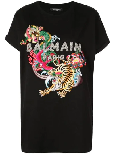 Balmain Multicoloured Sequined And Embroidered T-shirt In Black