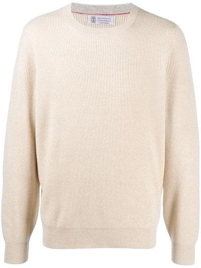 Brunello Cucinelli Ribbed Collar Cashmere Jumper In Neutrals