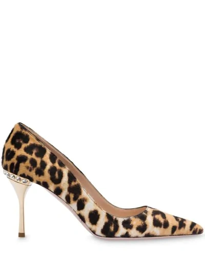 Miu Miu Leopard Crystal Studded Pumps In Braun