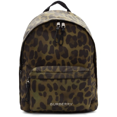 Burberry Leopard Print Nylon Backpack In Khaki Green