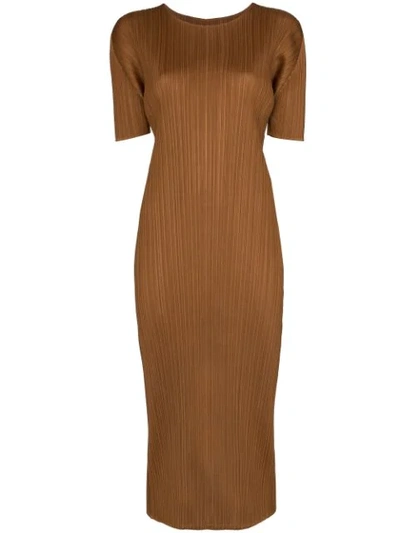 Issey Miyake Pleats Please By  Pleated Midi Dress In Brown