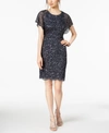 Adrianna Papell Beaded Flutter-sleeve Dress In Navy