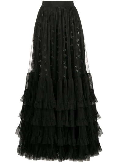 Giambattista Valli Ruffled Lace-trimmed Tulle Maxi Skirt In Black