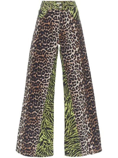 Ganni Leopard-print Wide-leg Cotton Pants In 977 Block Colour