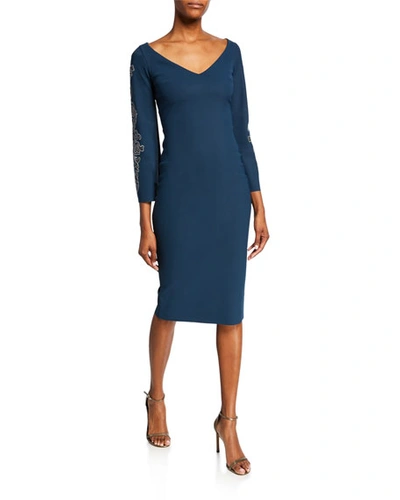 Chiara Boni La Petite Robe V-neck Long-sleeve Sheath Dress With Embroidery In Petrol