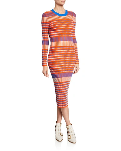 Mcq By Alexander Mcqueen Striped Crewneck Long-sleeve Dress In Orange/blue