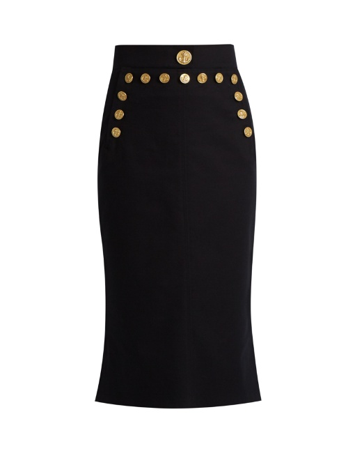 Dolce & Gabbana Pencil Skirt In Cotton With Decorative Button In Navy