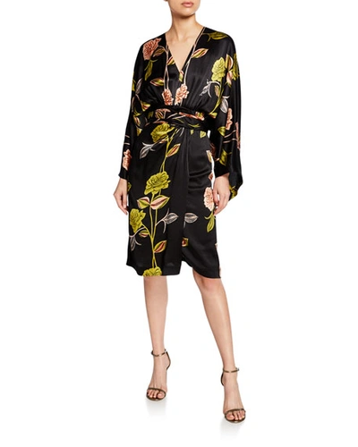 Etro Spaced Rose-print Hammered Satin Cocktail Dress In Black