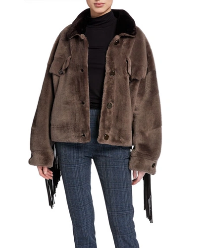 Nour Hammour Wild Child Shearling Bomber Jacket With Removable Fringe In Brown