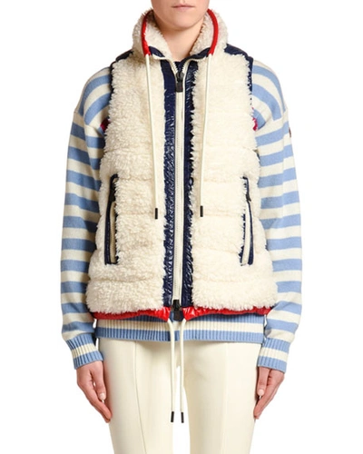 Moncler Faux-fur Puffer Vest W/ Contrast Trim In Cream