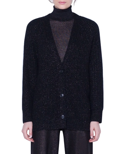 Akris Cashmere Shimmer Button-front Cardigan In Black