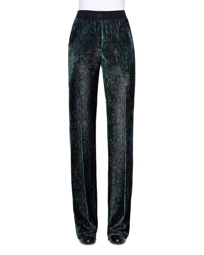 Akris Carl Python-print Velvet Straight-leg Pants In Green Pattern
