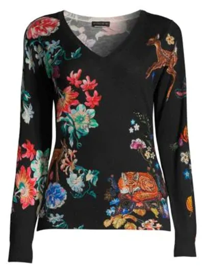 Etro Stampa Croce Deer-print V-neck Silk/cashmere Sweater In Black
